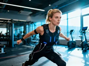 Mężczyzna wykonuje uginanie ramion z masą własnego ciała w minimalistycznym salonie, demonstrując ćwiczenie na biceps.