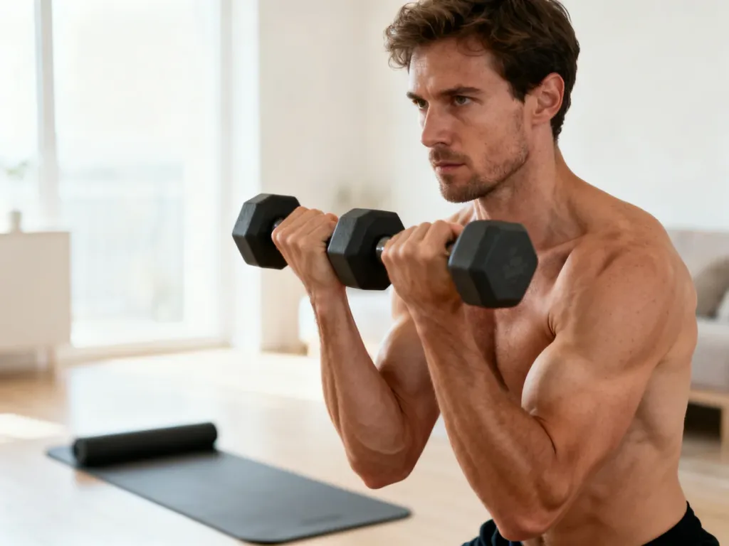 Mężczyzna wykonuje uginanie ramion z masą własnego ciała w minimalistycznym salonie, demonstrując ćwiczenie na biceps.