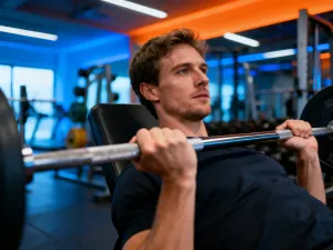 Mężczyzna wykonuje uginanie ramion z masą własnego ciała w minimalistycznym salonie, demonstrując ćwiczenie na biceps.